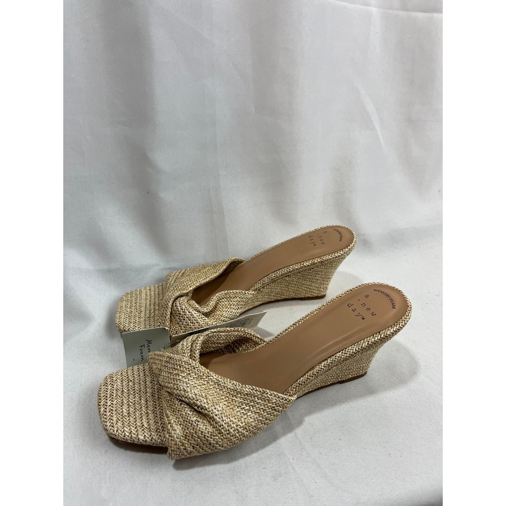 A New Day Womens Straw Wedge Sandals Twisted Knot Slide Mules Tan Size 7.5 NEW